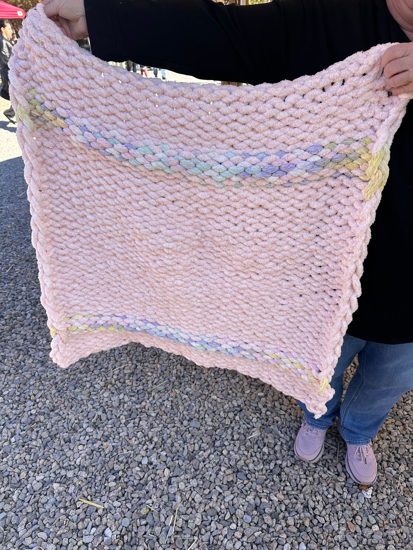 LARGE BABY BLANKET (pastel pink with multicolor stripes)