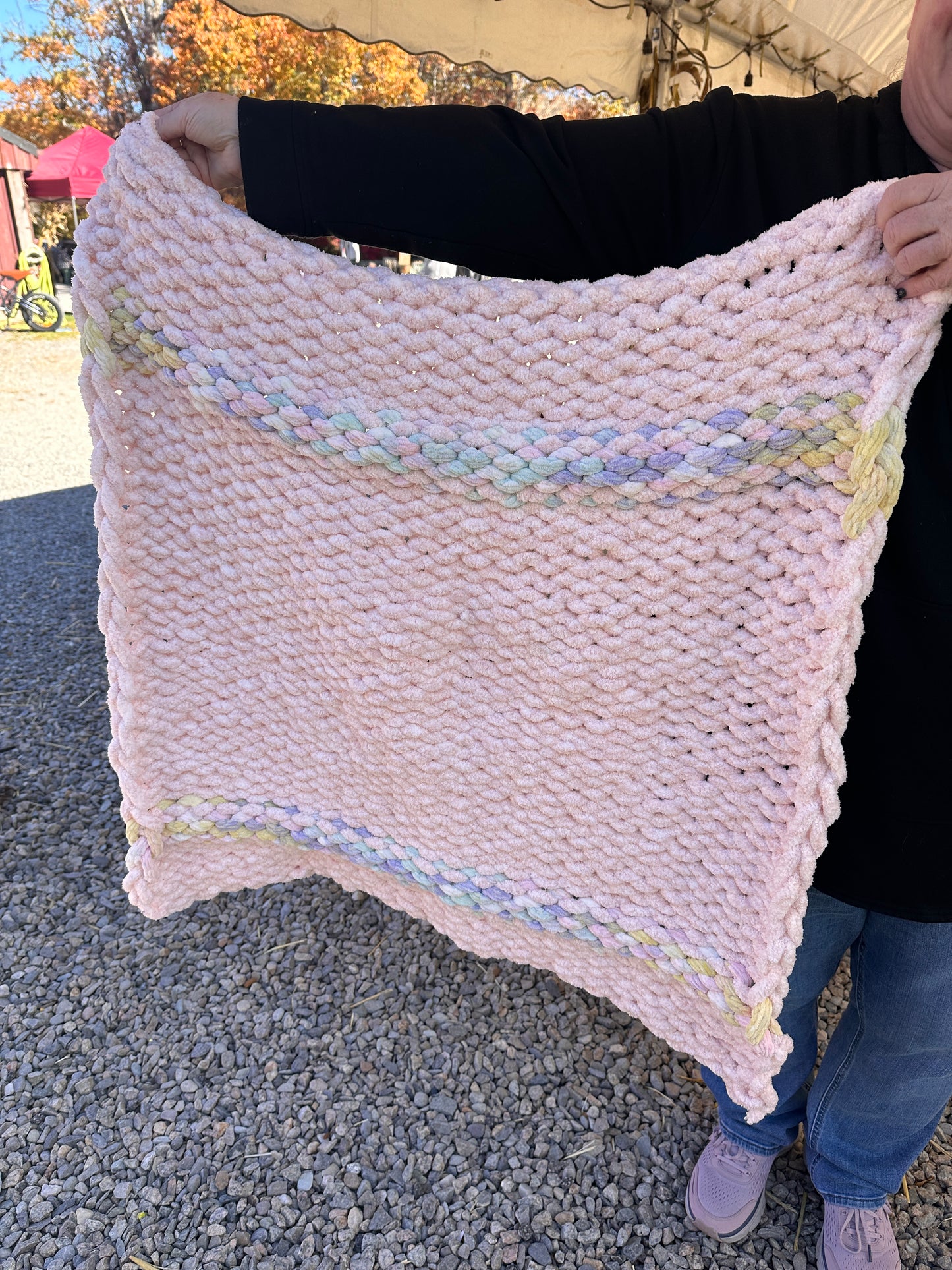 LARGE BABY BLANKET (pastel pink with multicolor stripes)