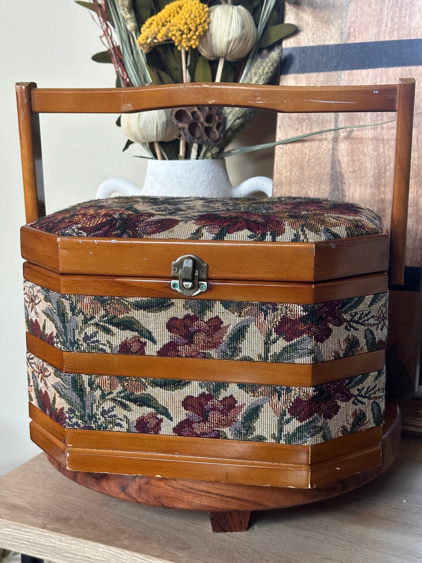 Vintage Floral Wooden Sewing Box - Unique Craft Organizer